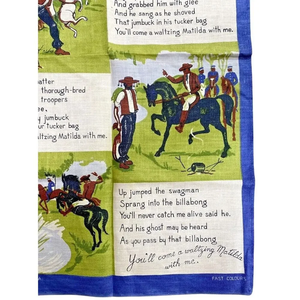 Vintage 100% linen kitchen tea towel Australia souvenir Waltzing Matilda lyrics